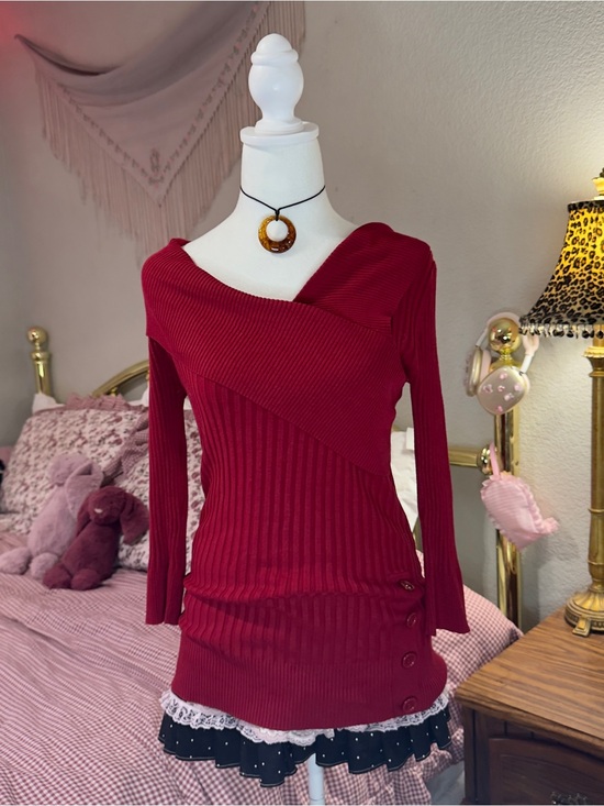 Catch My I Sweaters - Y2K Fitted Ribbed Asymmetric Red Sweater